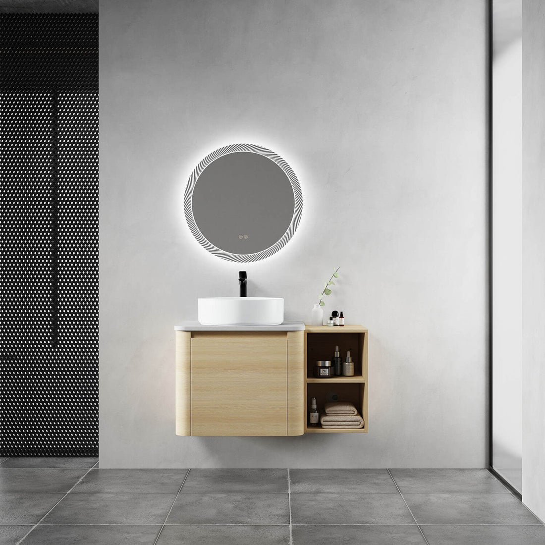 36 inch White Oak Bathroom Vanity with White Ceramic Vessel Sink and Open Shelves