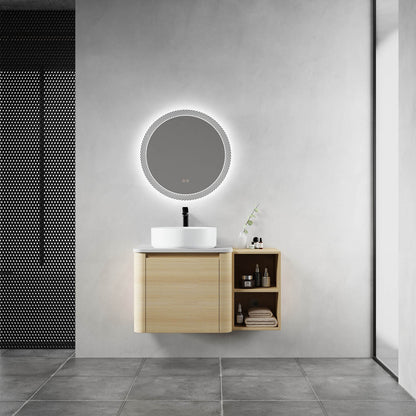 36 inch White Oak Bathroom Vanity with White Ceramic Vessel Sink and Open Shelves