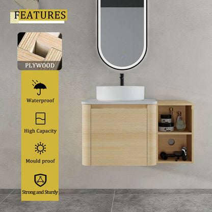 36 inch White Oak Bathroom Vanity with White Ceramic Vessel Sink and Open Shelves - material