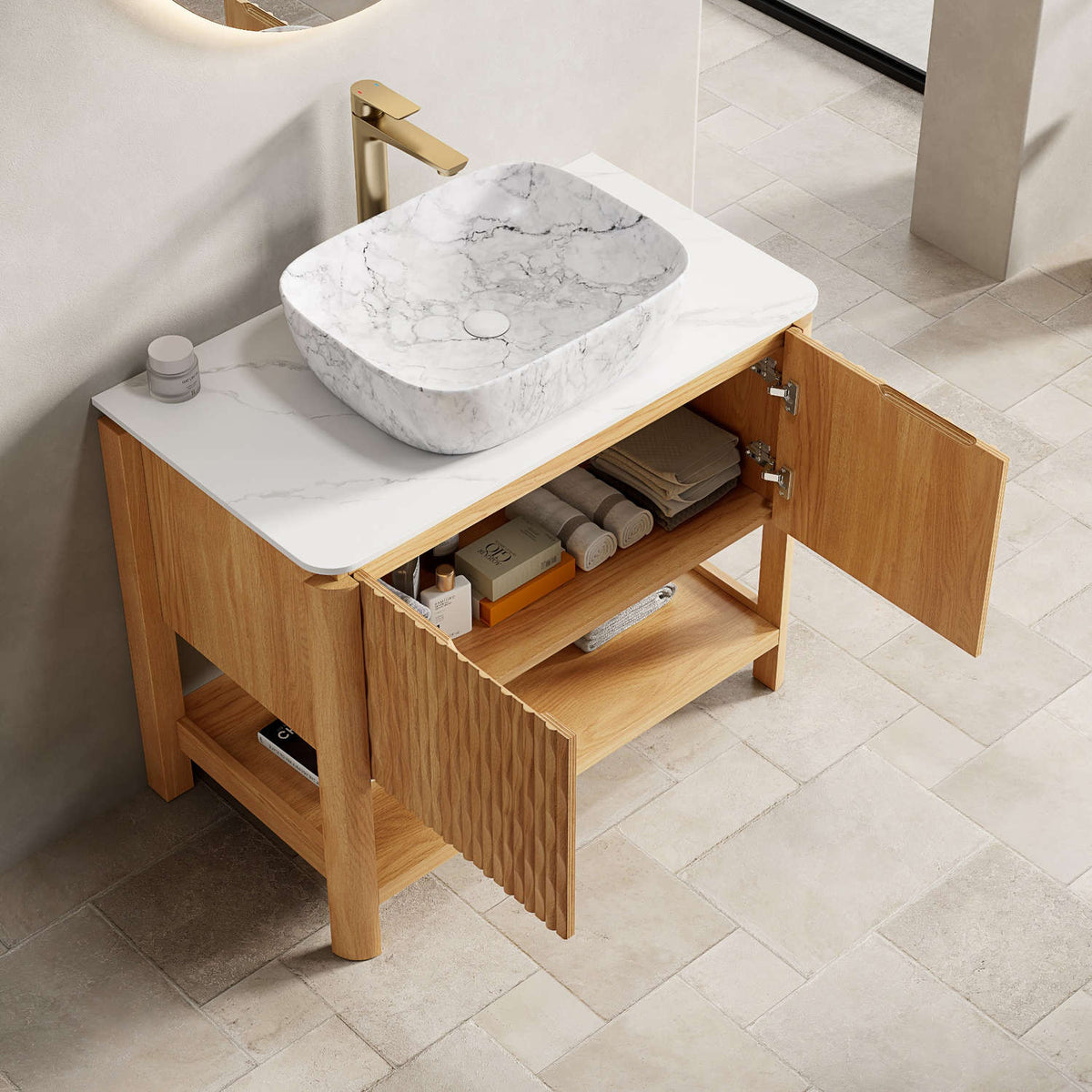 36 inch White Oak Bathroom Vanity with White Sintered Stone Countertop and Double Door Cabinet Storage