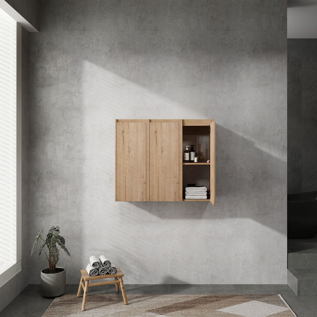 36 inch White Oak Bathroom Wall Cabinet with Soft Close Doors and Shelves