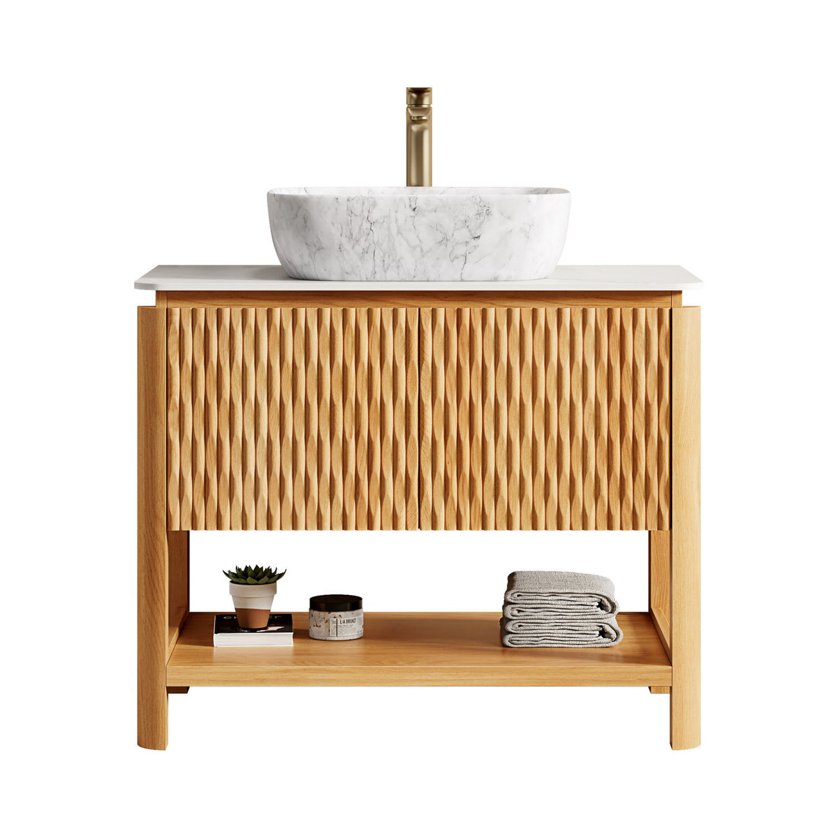 36 inch White Oak Fluted Bathroom Vanity with Marble Ceramic Vessel Sink Front View