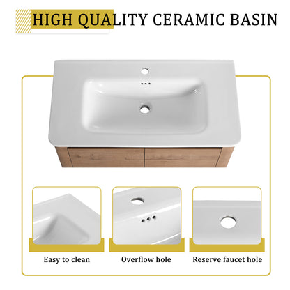 36 inch White Oak Freestanding Bathroom Vanity-White Ceramic Sink