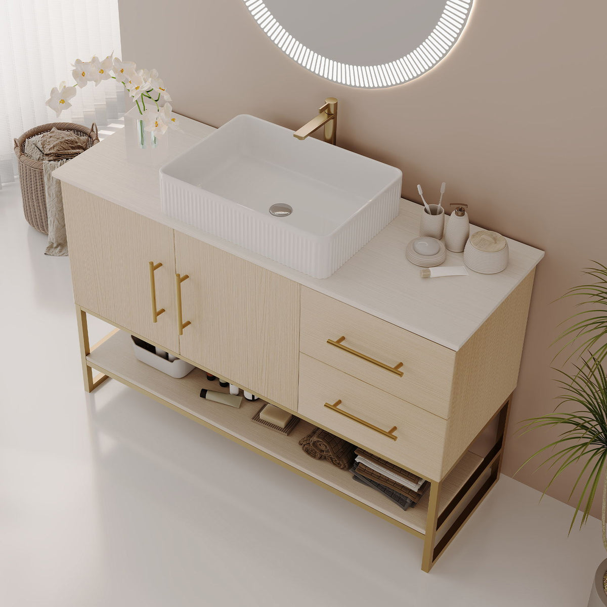 36 inch White Oak Freestanding Bathroom Vanity Gold Handles Isometric View
