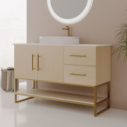 36 inch White Oak Freestanding Bathroom Vanity Gold Metal Frame Angled View