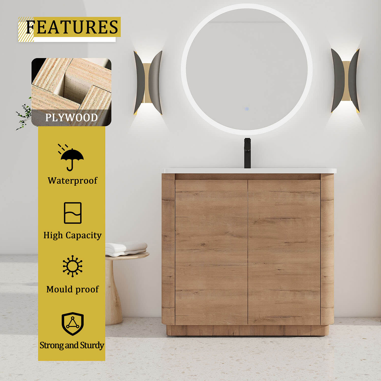 36 inch White Oak Freestanding Bathroom Vanity with White Ceramic Sink-material