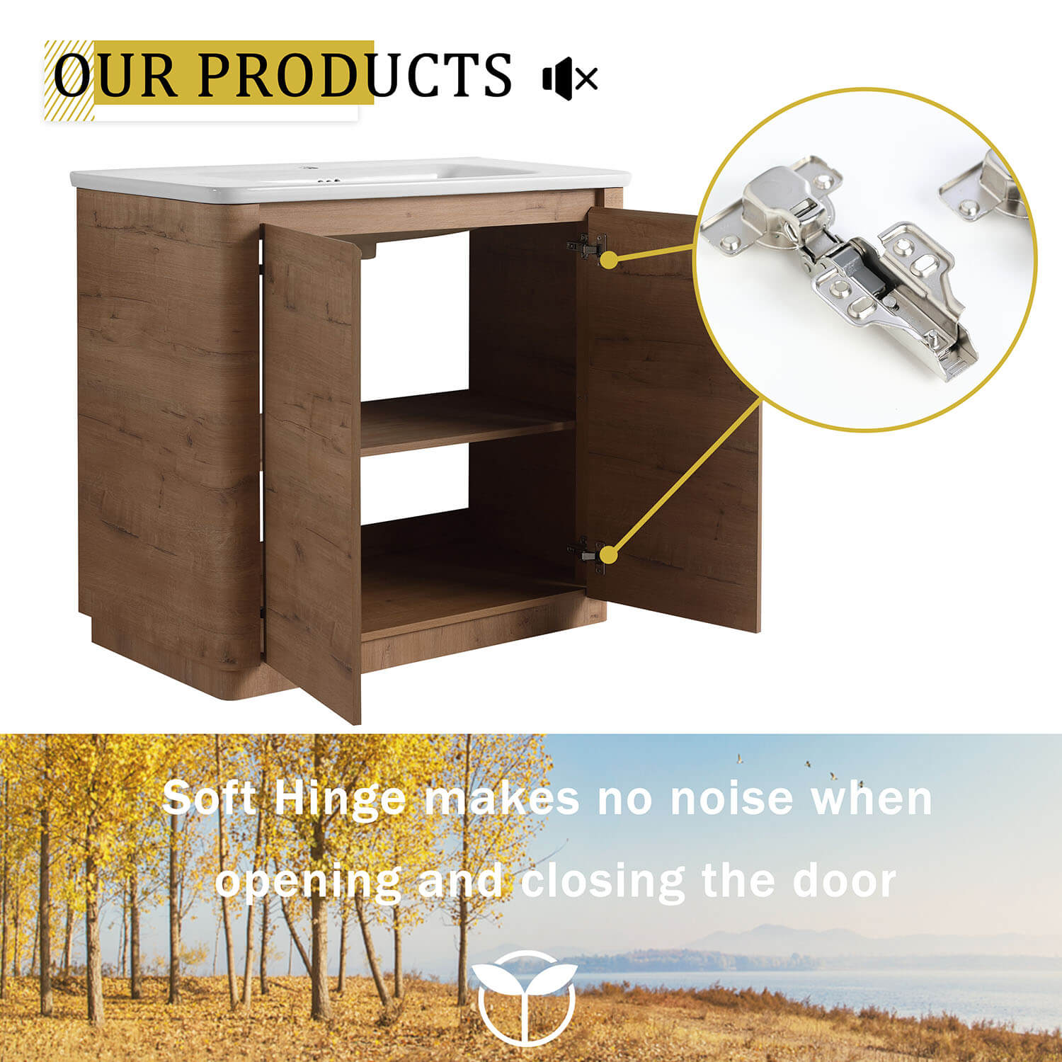 36 inch White Oak Freestanding Bathroom Vanity with White Ceramic Sink-soft close hinge