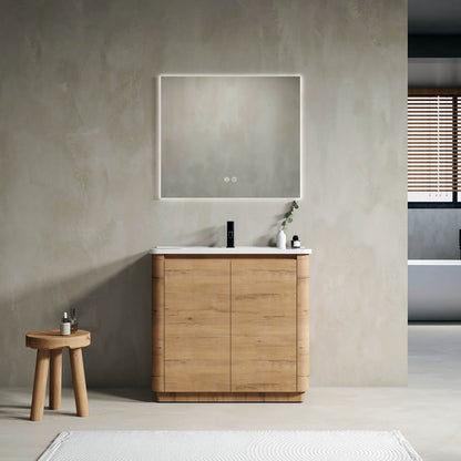 36 inch White Oak Freestanding Bathroom Vanity with White Ceramic Sink