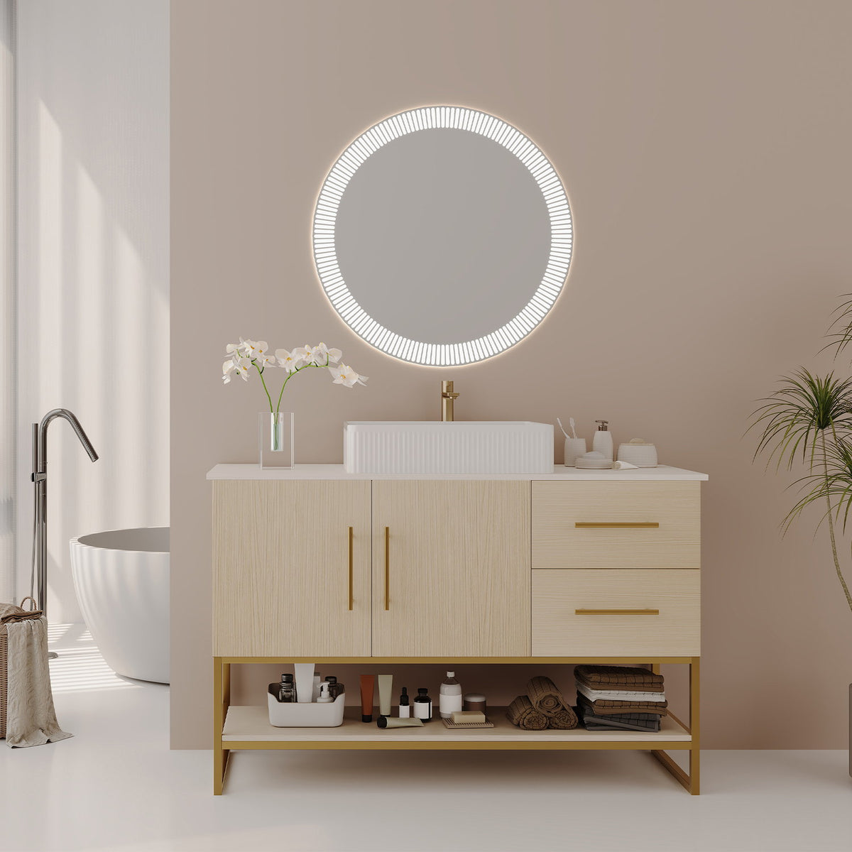 36 inch White Oak Solid Wood Bathroom Vanity Ceramic Vessel Sink Bathroom Setup