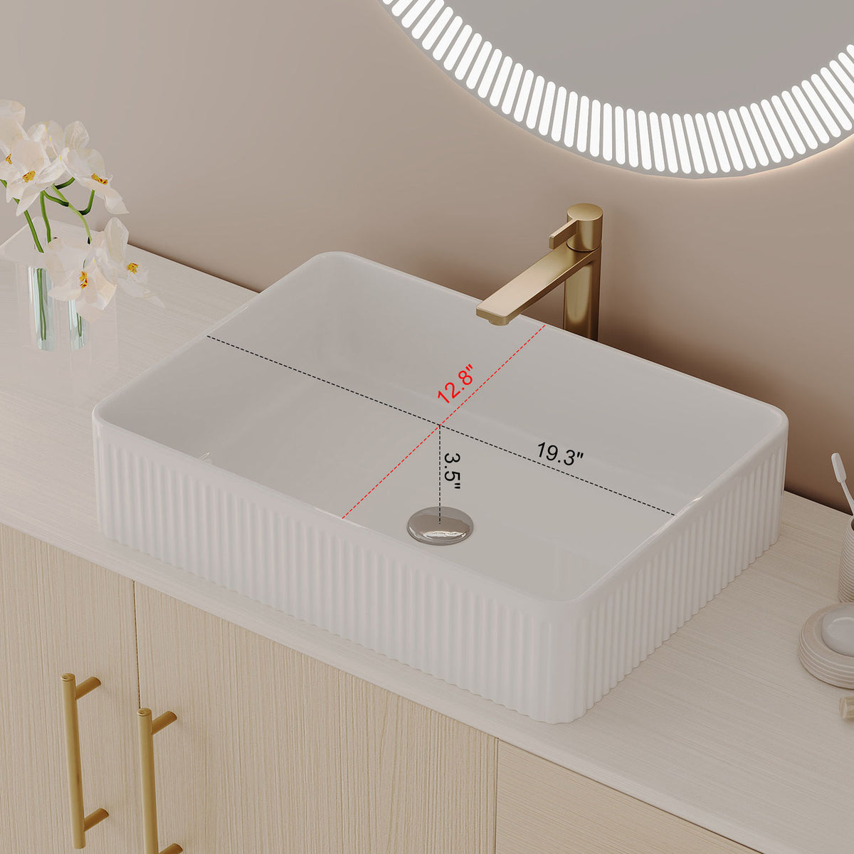 36 inch White Oak Solid Wood Vanity Ceramic Vessel Sink Dimensions Detail