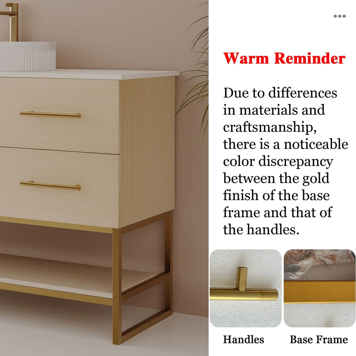 36 inch White Oak Vanity Gold Handles Base Frame Finish Detail Comparison