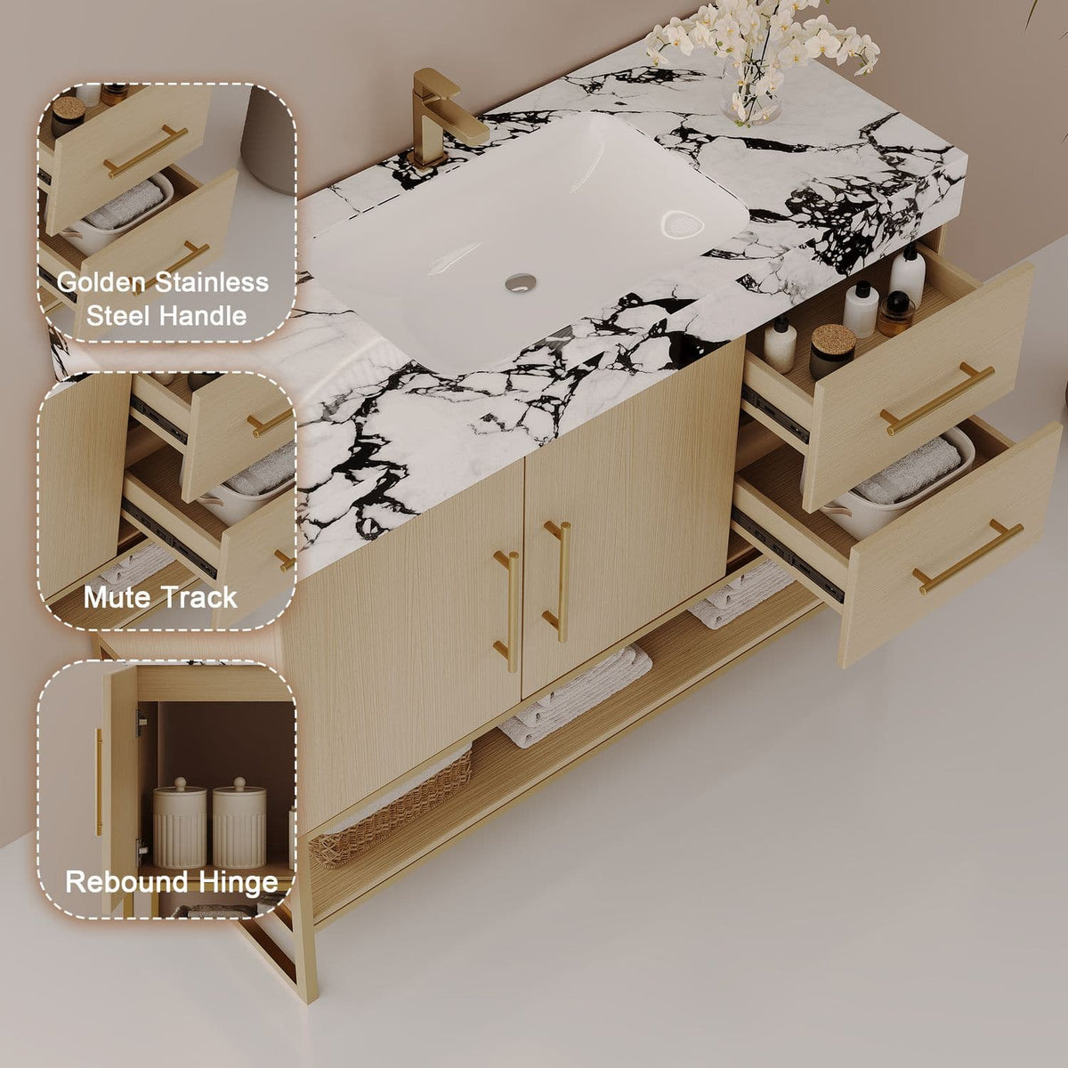 36 inch White Oak Vanity Hardware Details Golden Stainless Steel Handle Mute Track Rebound Hinge