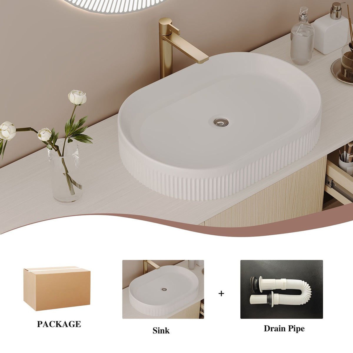 36 inch White Oak Vanity Oval Vessel Sink Drain Pipe Packaging Component