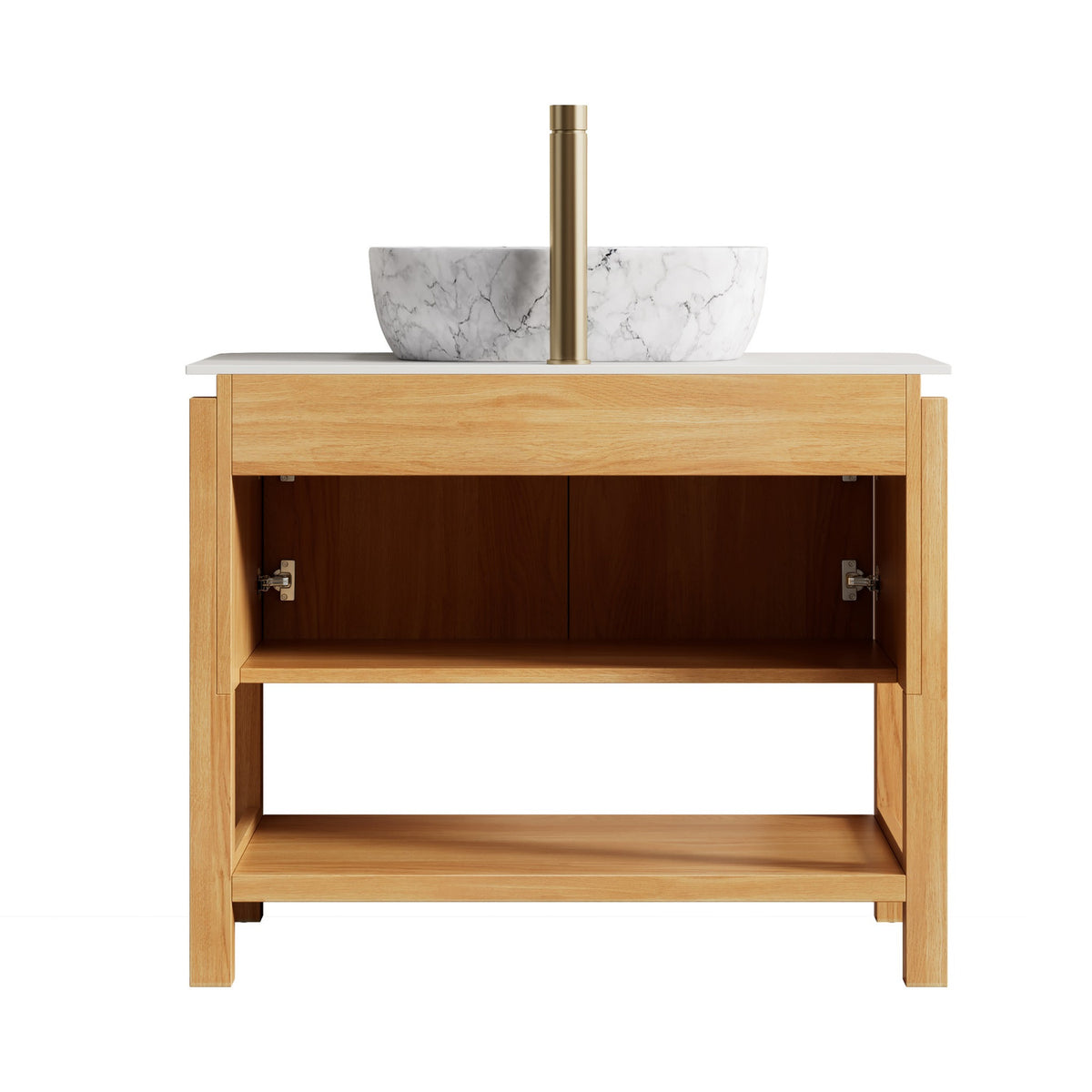 36 inch White Oak Vessel Sink Bathroom Vanity Rear View with Cabinet Construction and Lower Shelf