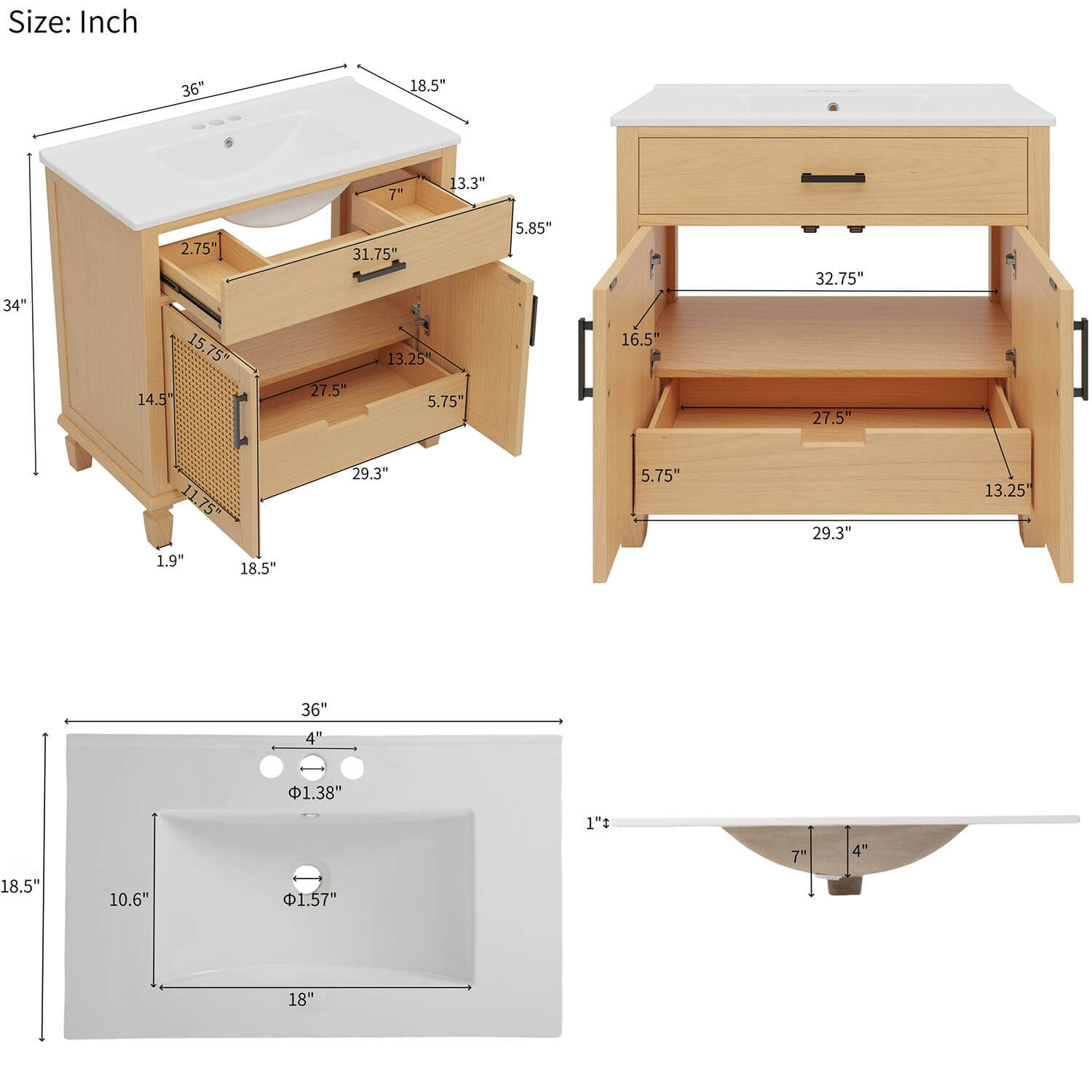 36 inch bathroom vanity dimension diagram with measurements