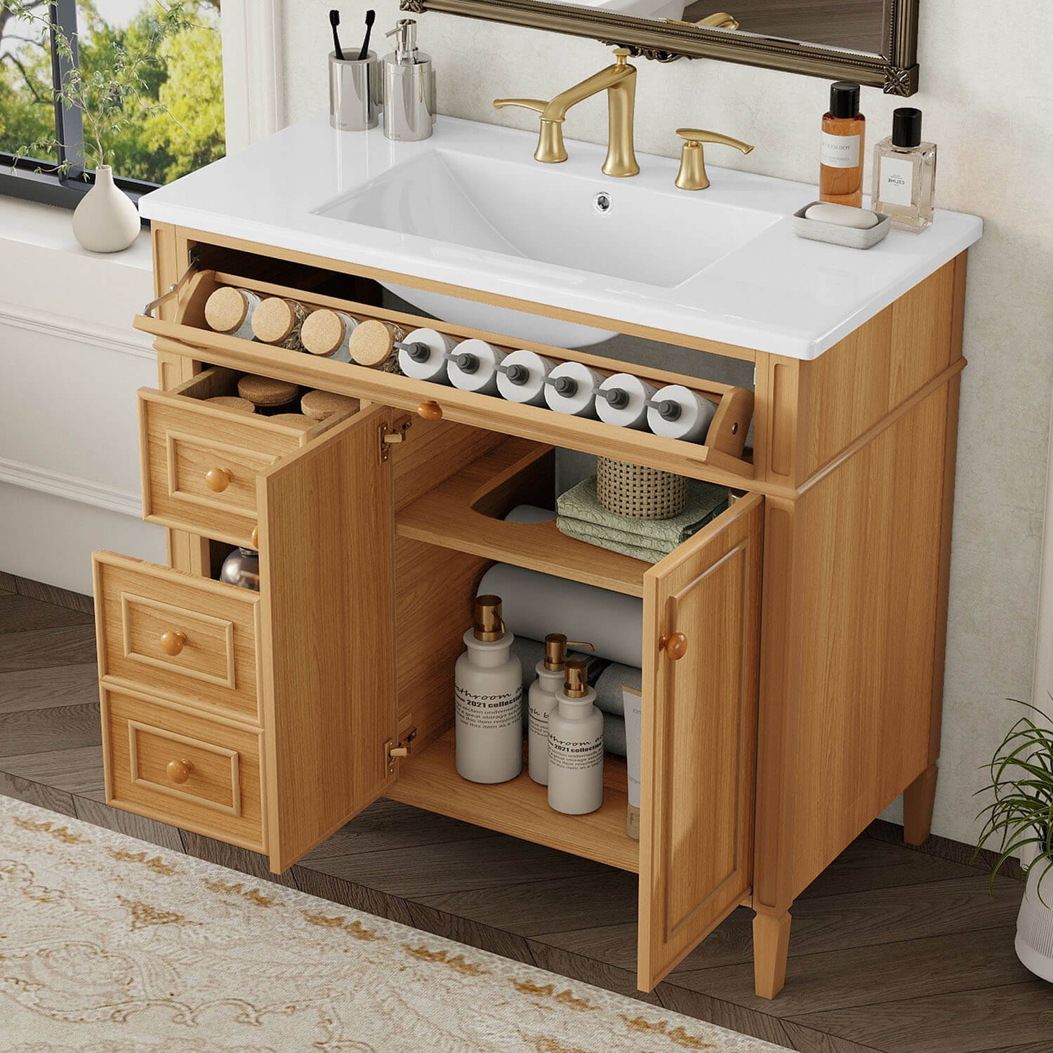 36 inch bathroom vanity with cabinet storage and tilt out drawer