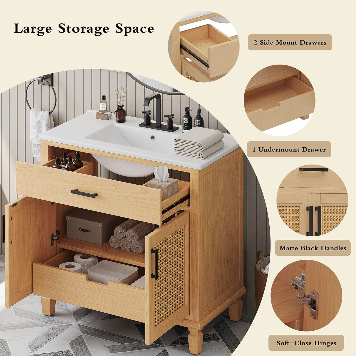 36 inch bathroom vanity with two side drawers and bottom drawer