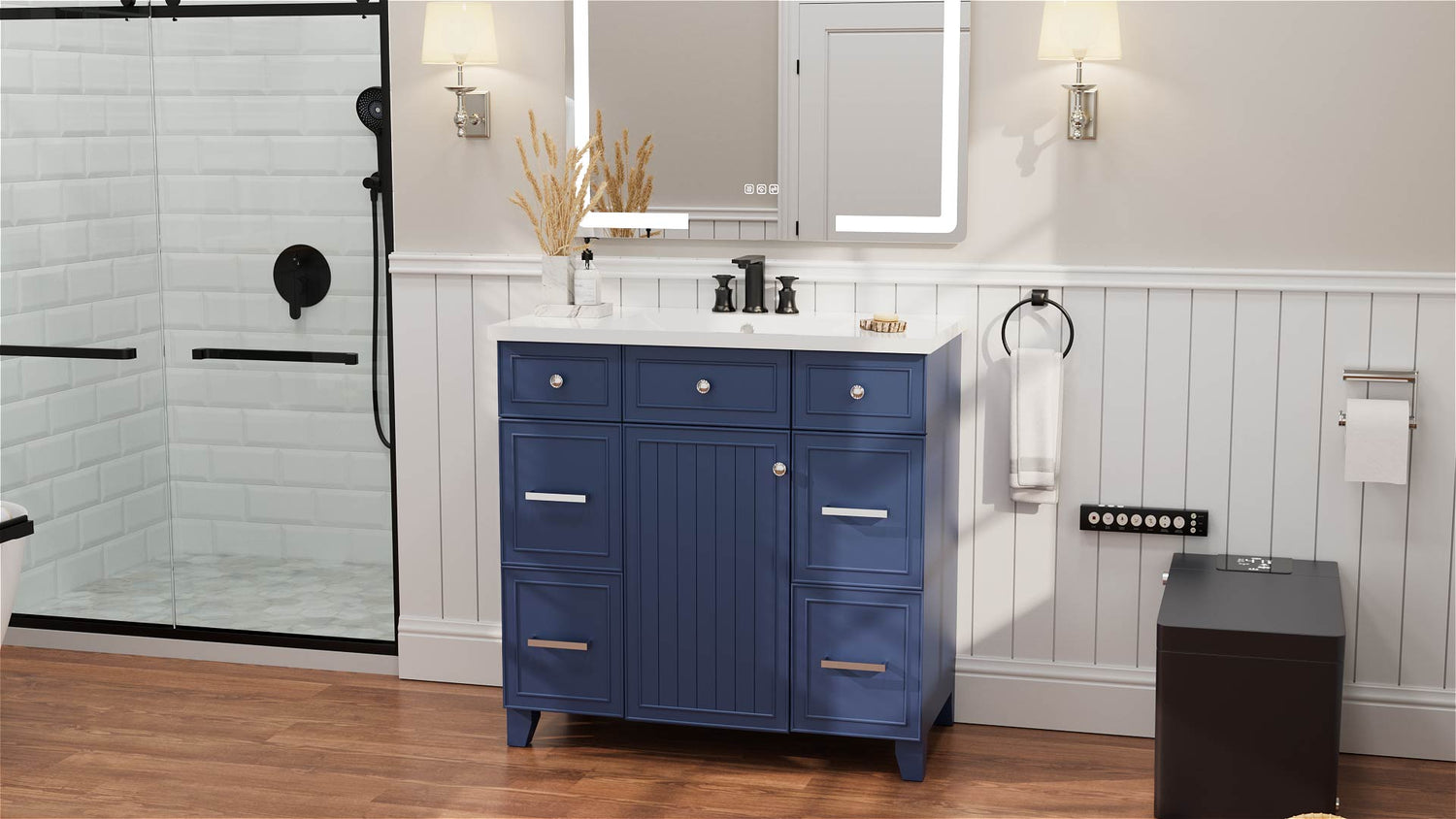 36 inch blue bathroom vanity in bathroom scene