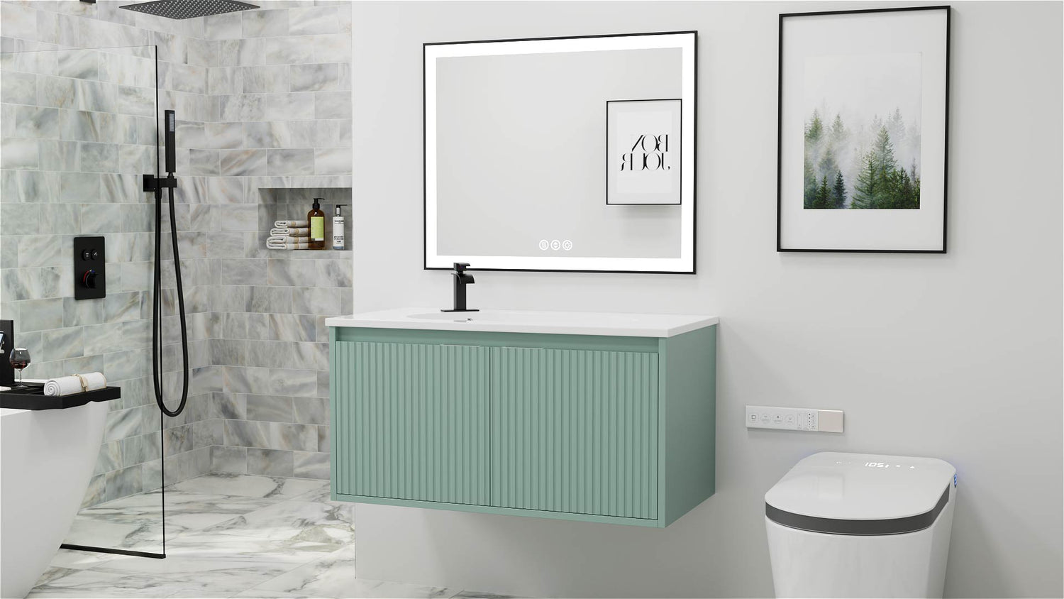 36 inch floating bathroom vanity with water drop sink in bathroom