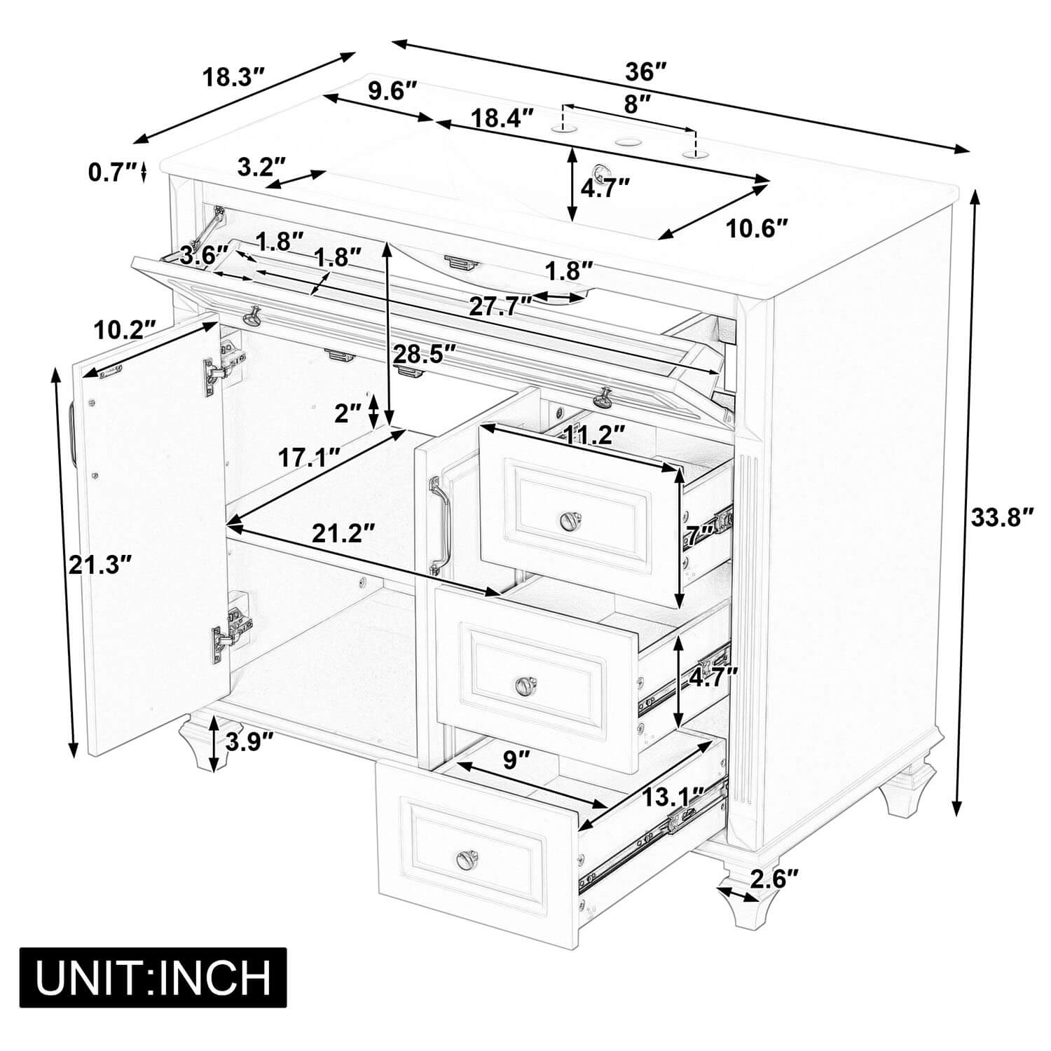 36 inch freestanding bathroom vanity dimensions