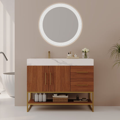  36 inch modern walnut bathroom vanity with freestanding tub and round LED mirror in luxury master bathroom