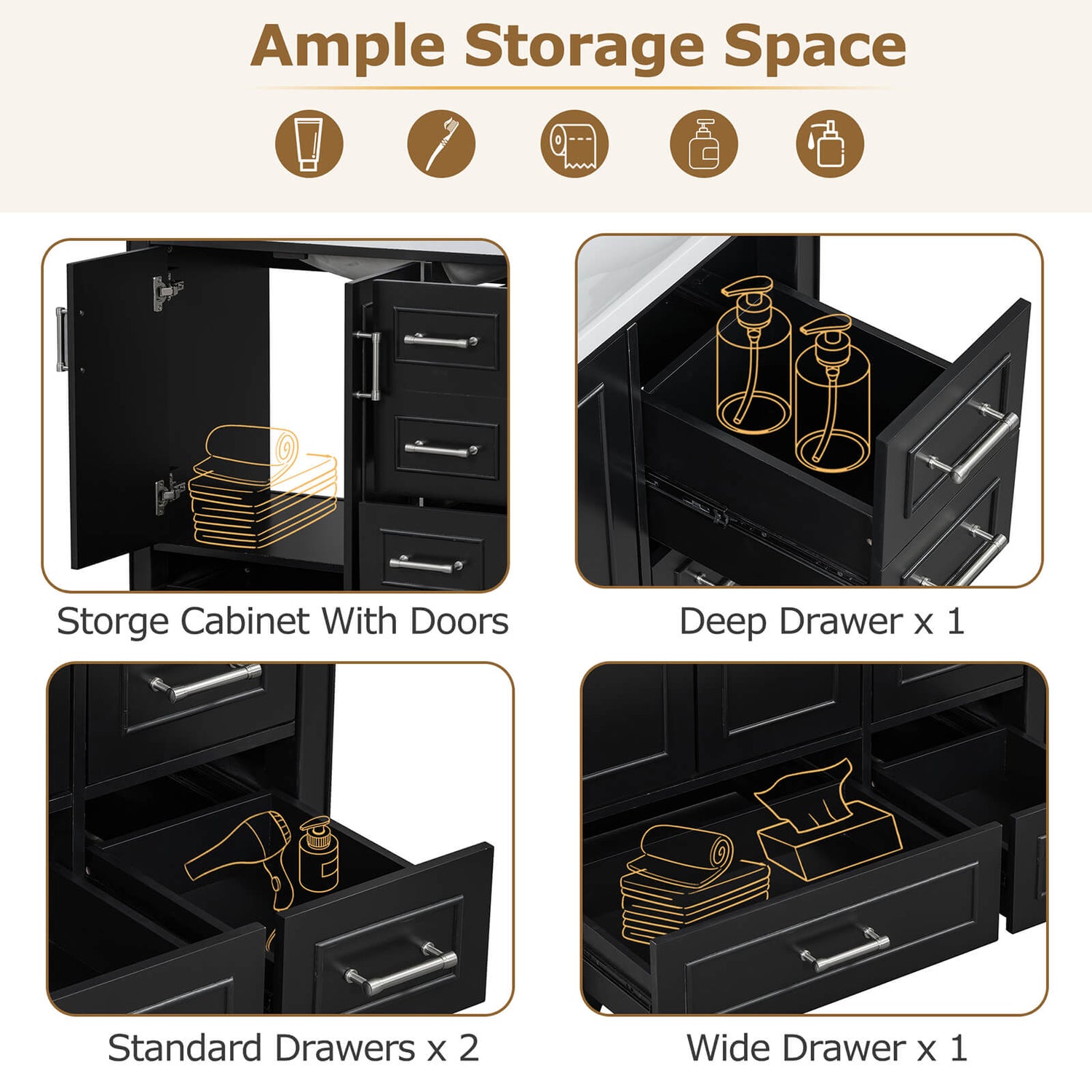 36 inch traditional black bathroom vanity with resin sink storage diagram