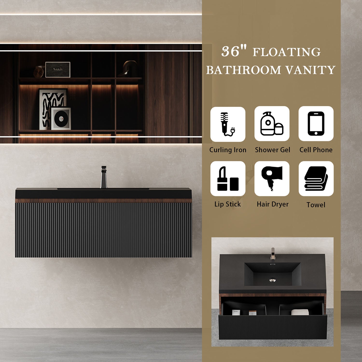 36 inch wall mounted vanity with walnut finish and organized drawer storage