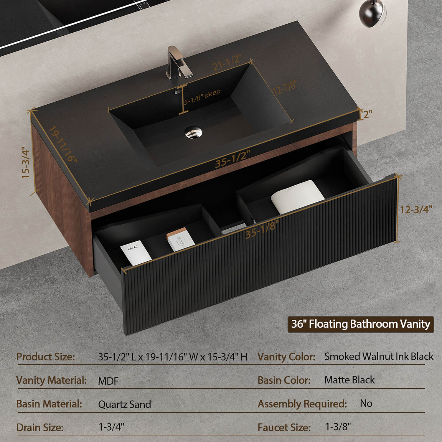 36 inch walnut and black fluted floating vanity dimension