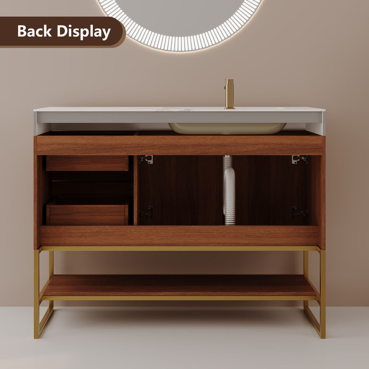 36 inch walnut bathroom vanity back view showing sink basin underside drawer construction and hinge hardware