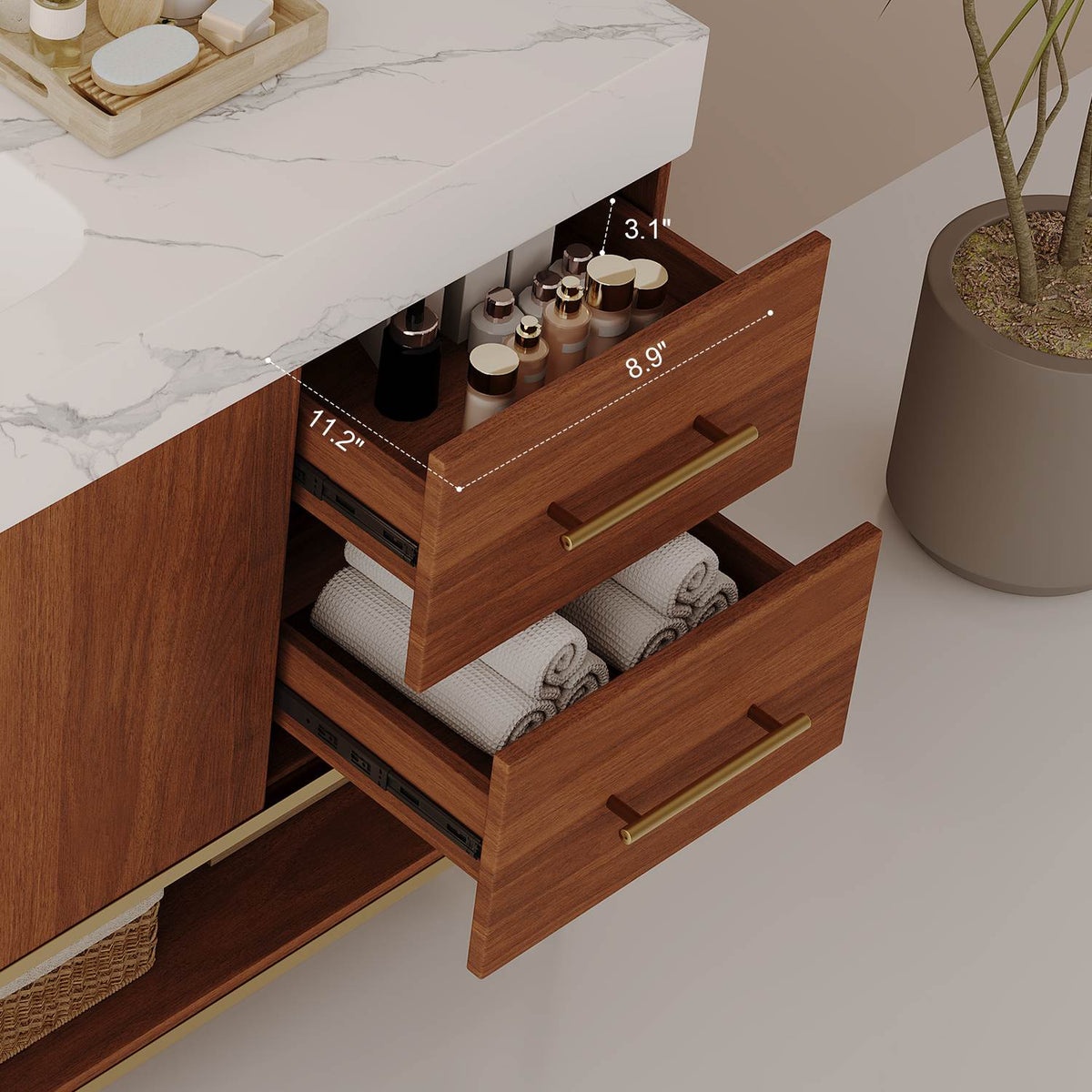 36 inch walnut bathroom vanity drawer interior dimensions showing storage compartment width depth height measurement