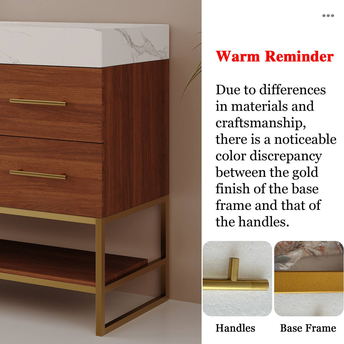 36 inch walnut bathroom vanity gold finish color difference reminder between base frame and handles warm notice