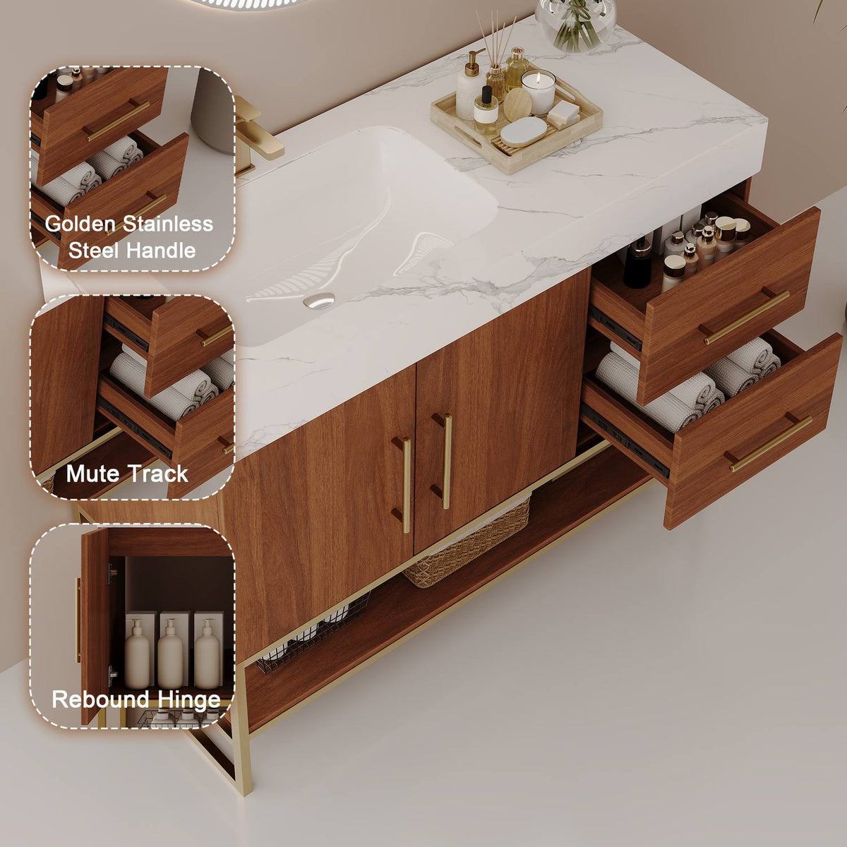 36 inch walnut bathroom vanity hardware features golden stainless steel handle mute track rebound hinge soft close