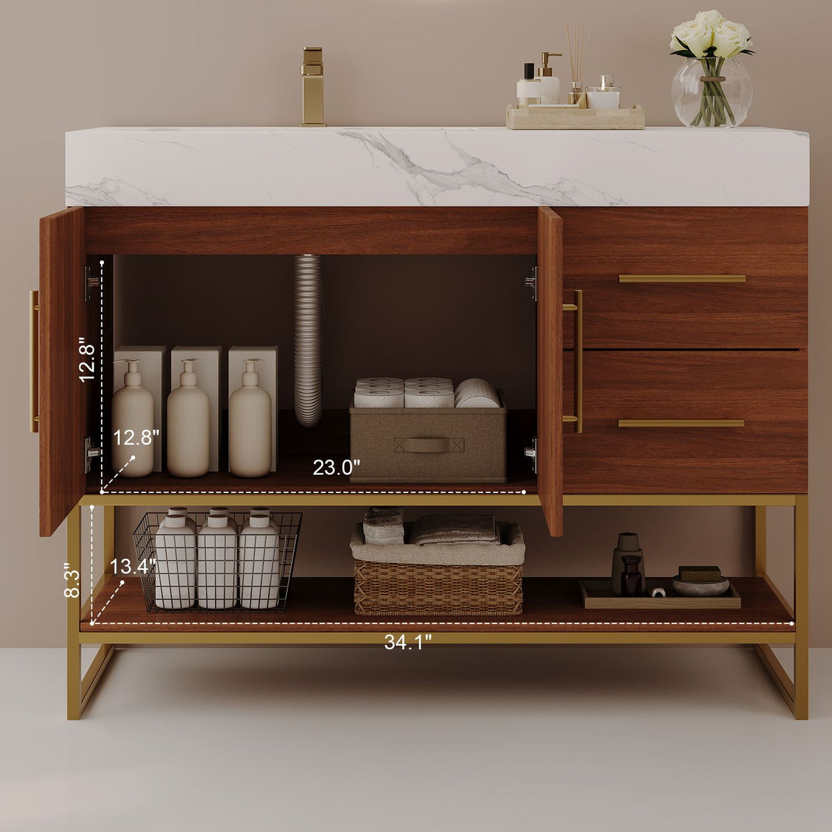 36 inch walnut bathroom vanity interior cabinet and bottom shelf storage dimensions measurement diagram