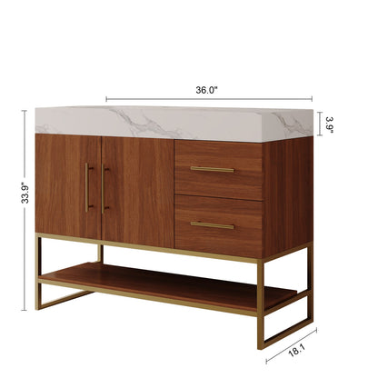 36 inch walnut bathroom vanity overall size dimensions diagram width height depth and countertop thickness measurement