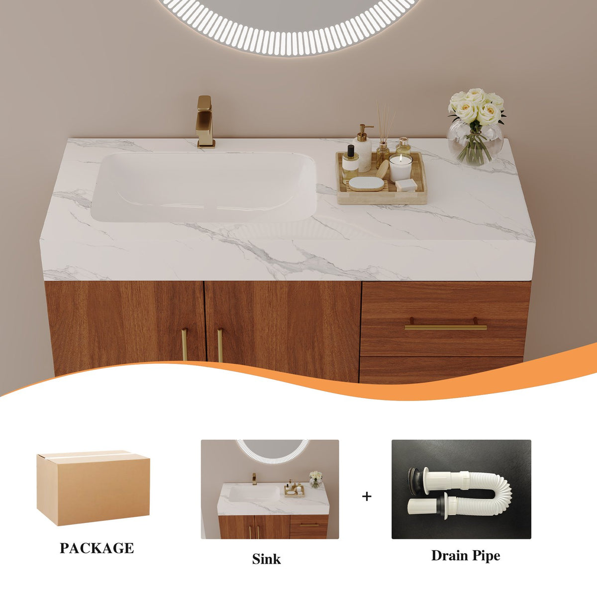 36 inch walnut bathroom vanity package contents includes vanity cabinet ceramic sink top and drain pipe