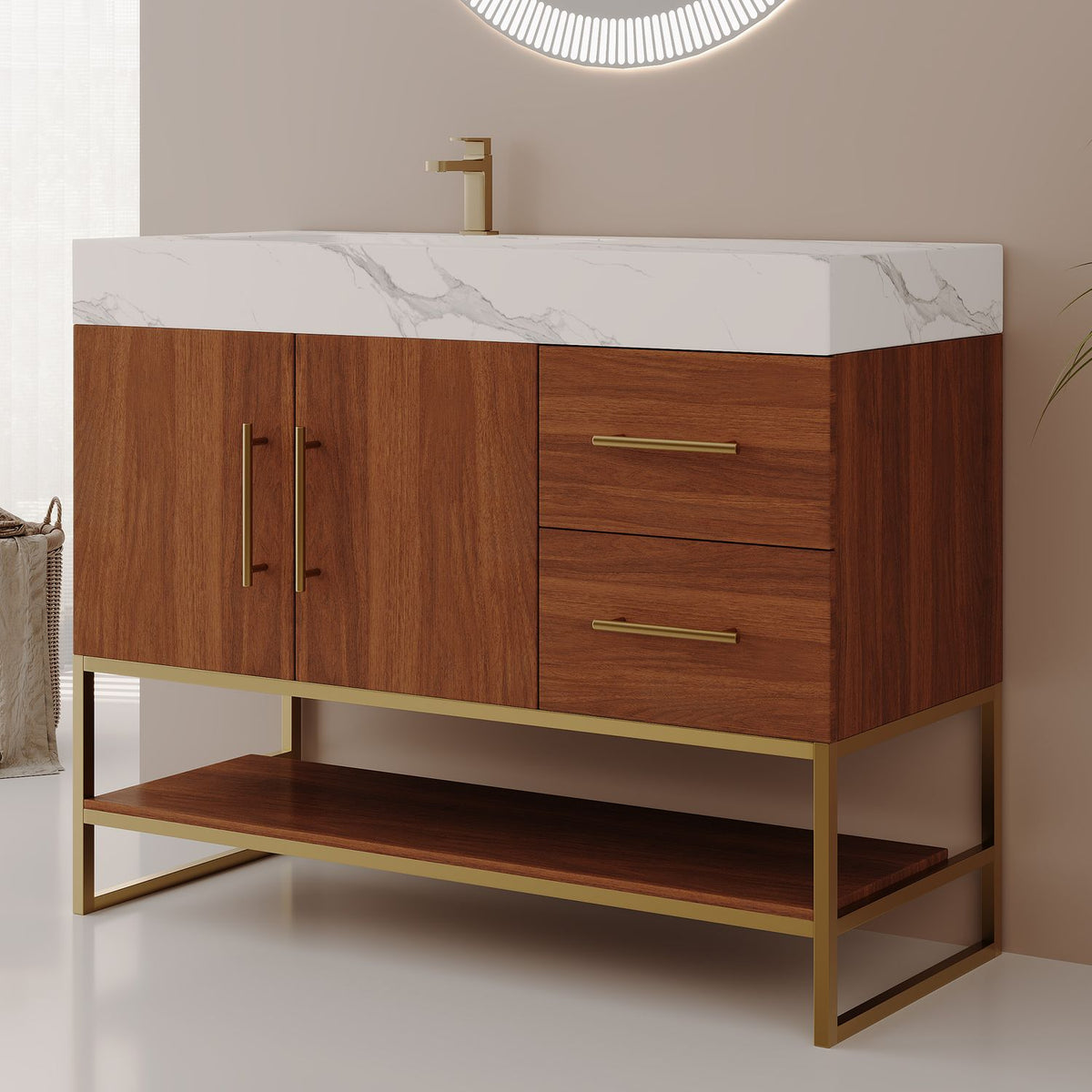 36 inch walnut bathroom vanity side angle view with gold metal frame and faux marble countertop in modern bathroom