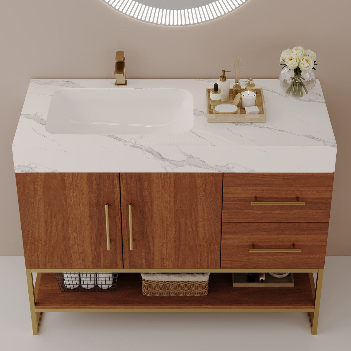 36 inch walnut bathroom vanity with left side ceramic sink and white faux marble countertop top view