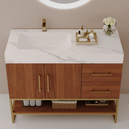 36 inch walnut bathroom vanity with left side ceramic sink and white faux marble countertop top view
