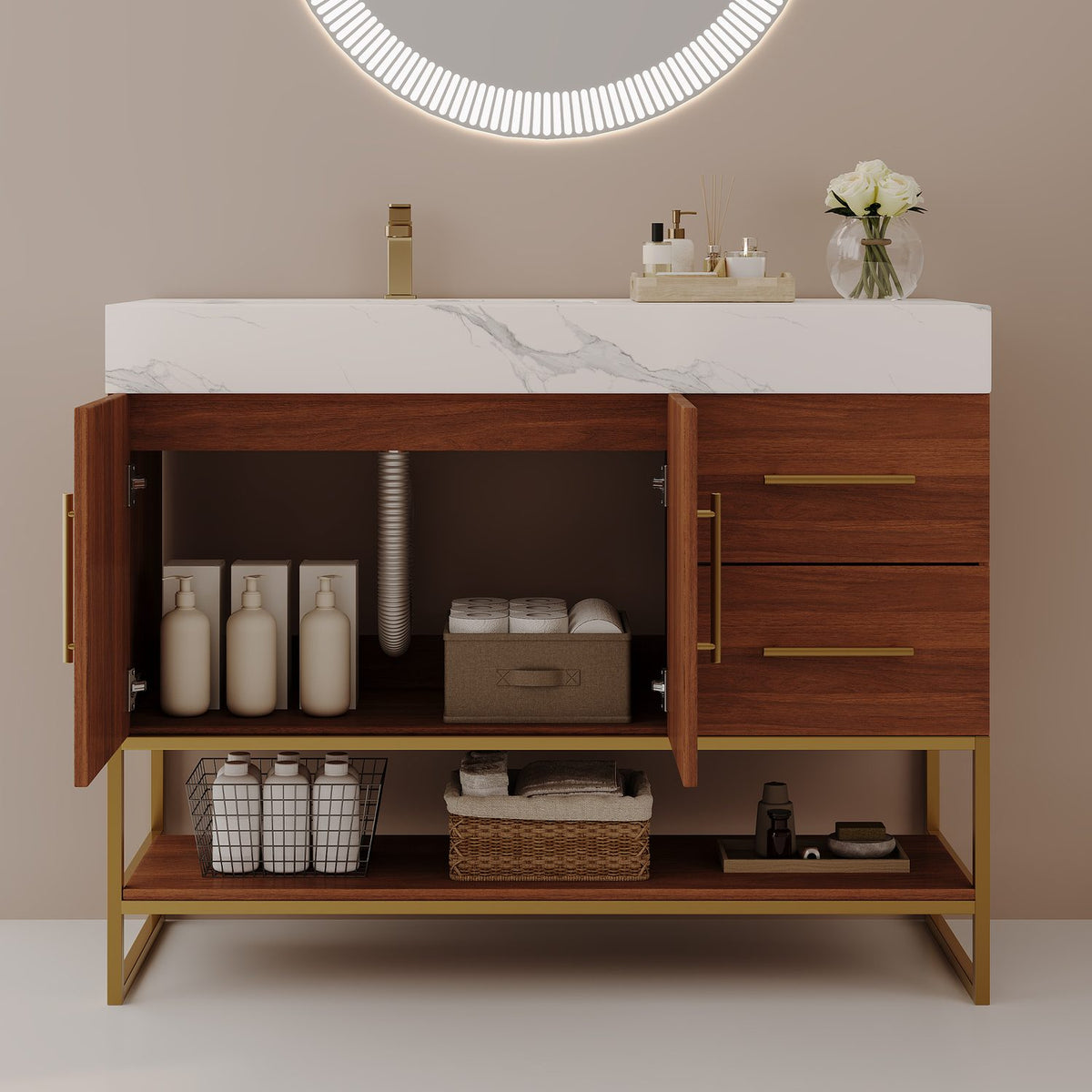 36 inch walnut bathroom vanity with open cabinet doors showing interior storage and plumbing access