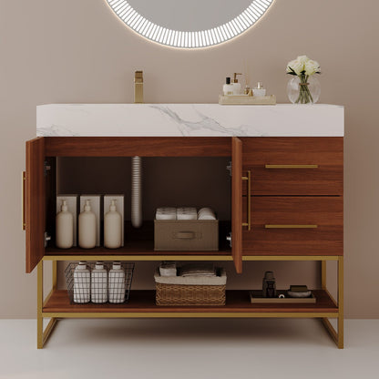 36 inch walnut bathroom vanity with open cabinet doors showing interior storage and plumbing access