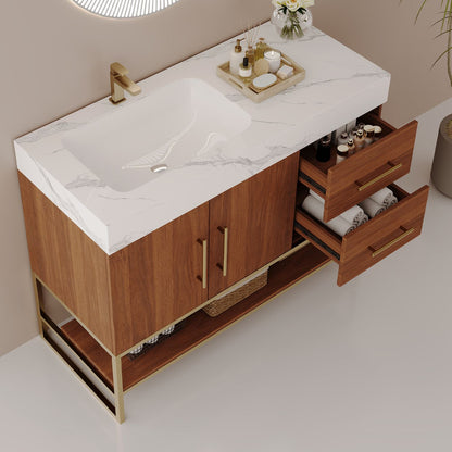 36 inch walnut bathroom vanity with open drawers showing organized cosmetics and towel storage with left ceramic sink