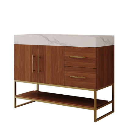 36 inch walnut modern bathroom vanity with left ceramic sink and faux marble top on white background product shot