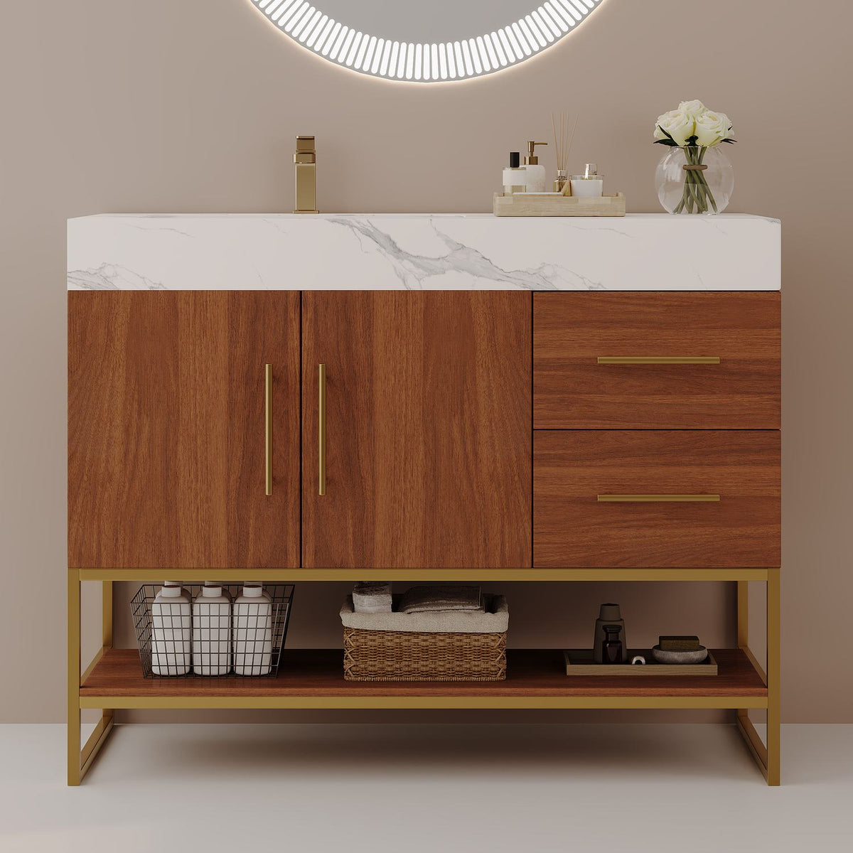 36 inch walnut modern bathroom vanity with left offset ceramic sink and faux marble top in contemporary bathroom