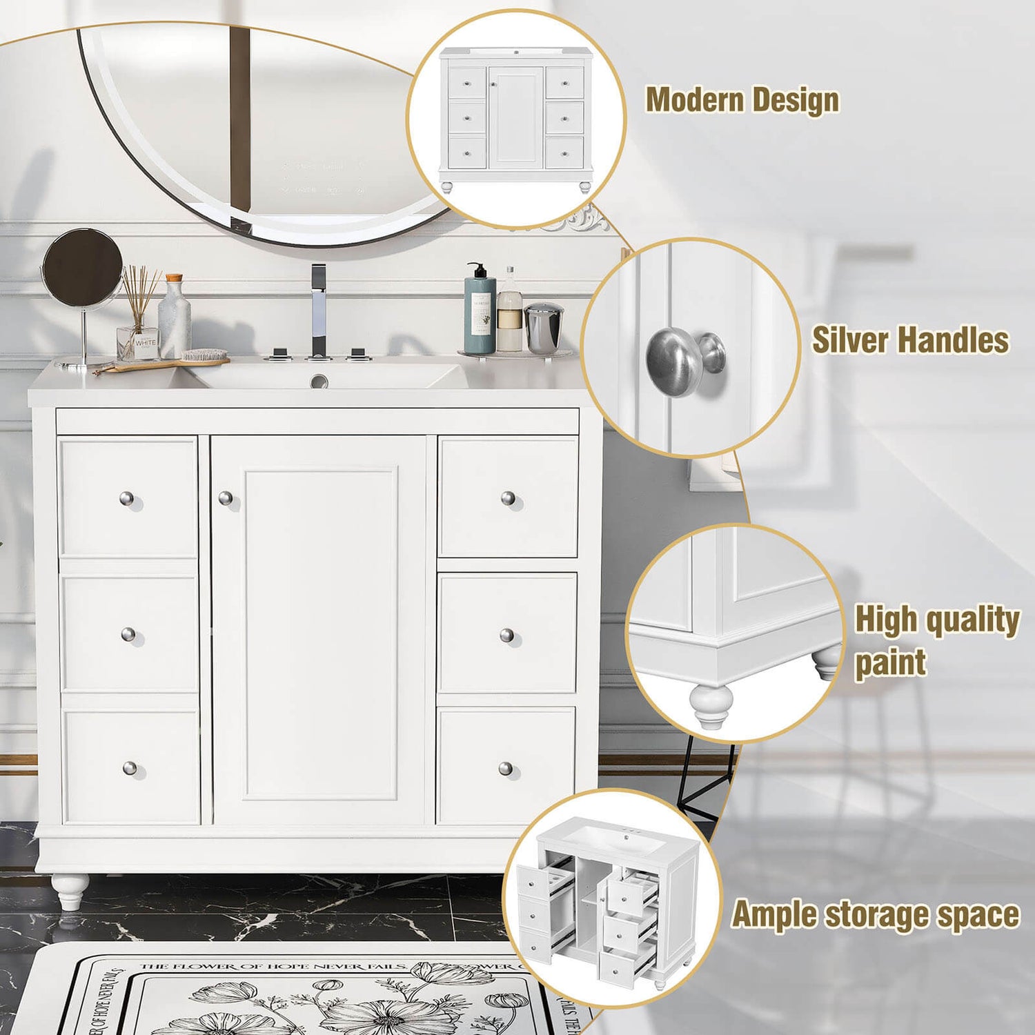 36 inch white bathroom vanity with hair dryer storage rack package picture