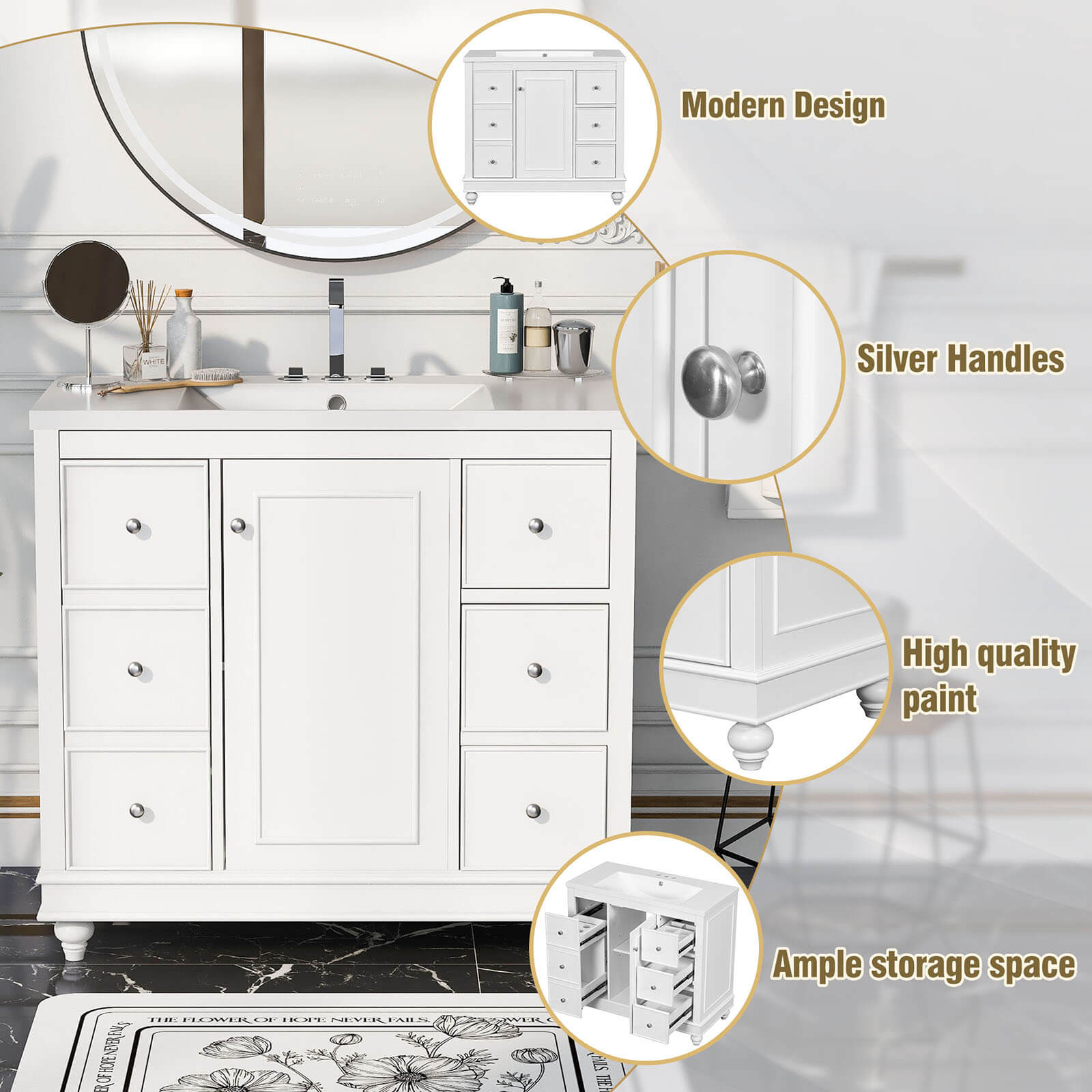 36 inch white bathroom vanity with hair dryer storage rack package picture