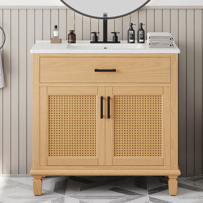 36 inch white oak freestanding bathroom vanity with ceramic sink and rattan doors