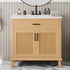 36 inch white oak freestanding bathroom vanity with ceramic sink and rattan doors