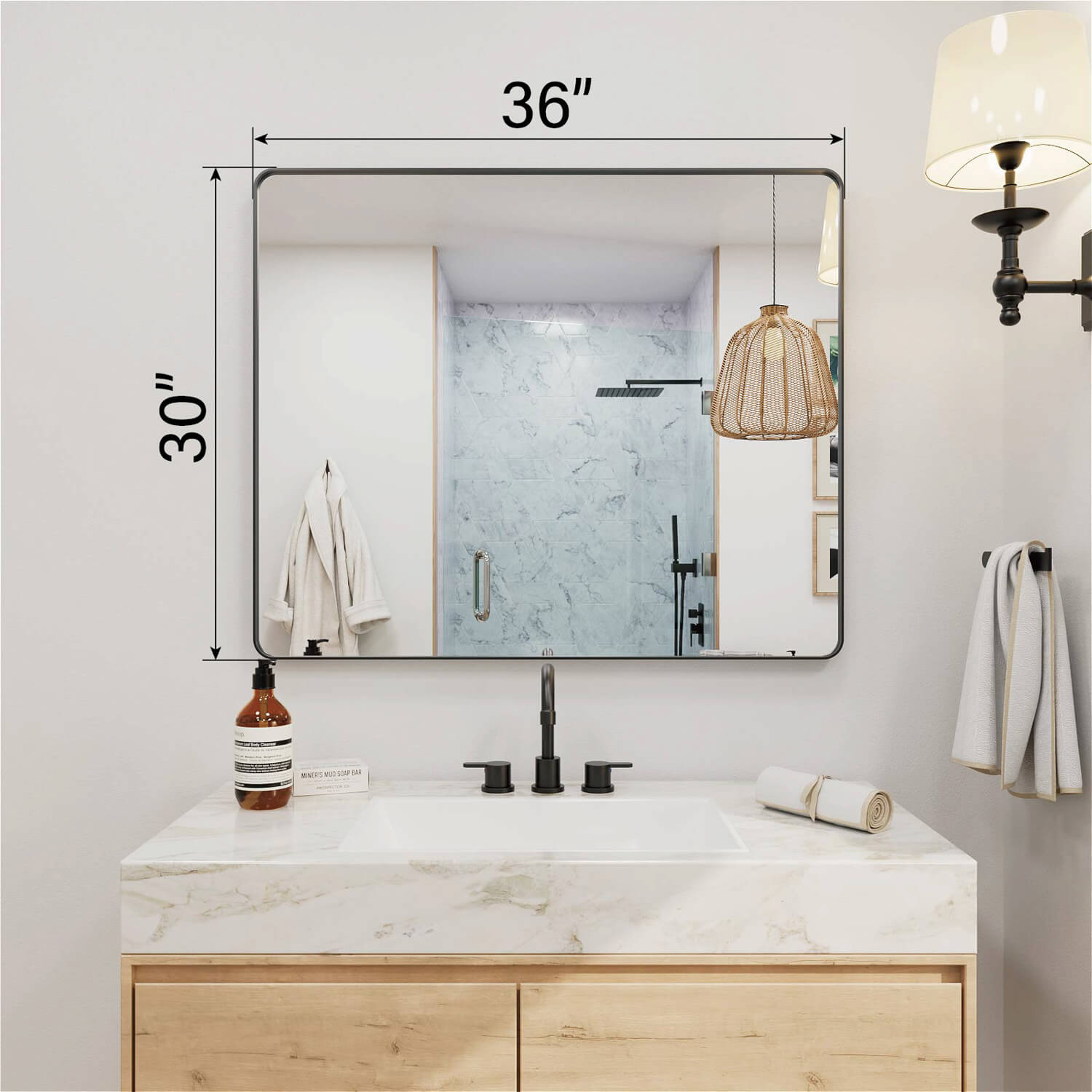 36 x 30 inches black framed square shaped bathroom mirror