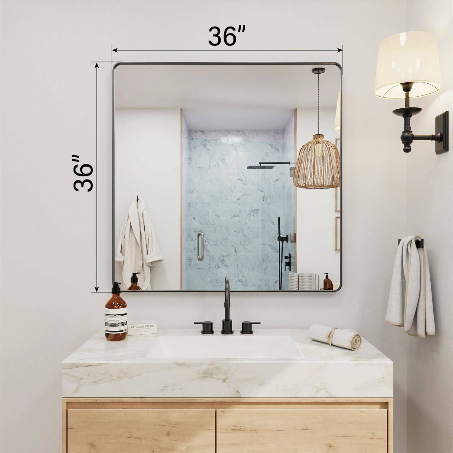 36 x 36 inches square black framed bathroom mirror