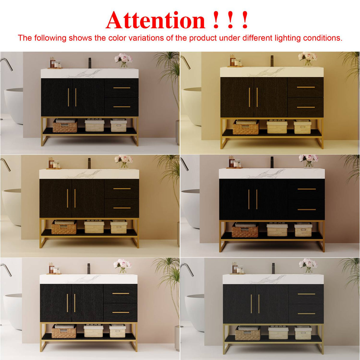 36in Black Bathroom Vanity Color Difference Notice Under Various Indoor Lighting Conditions   